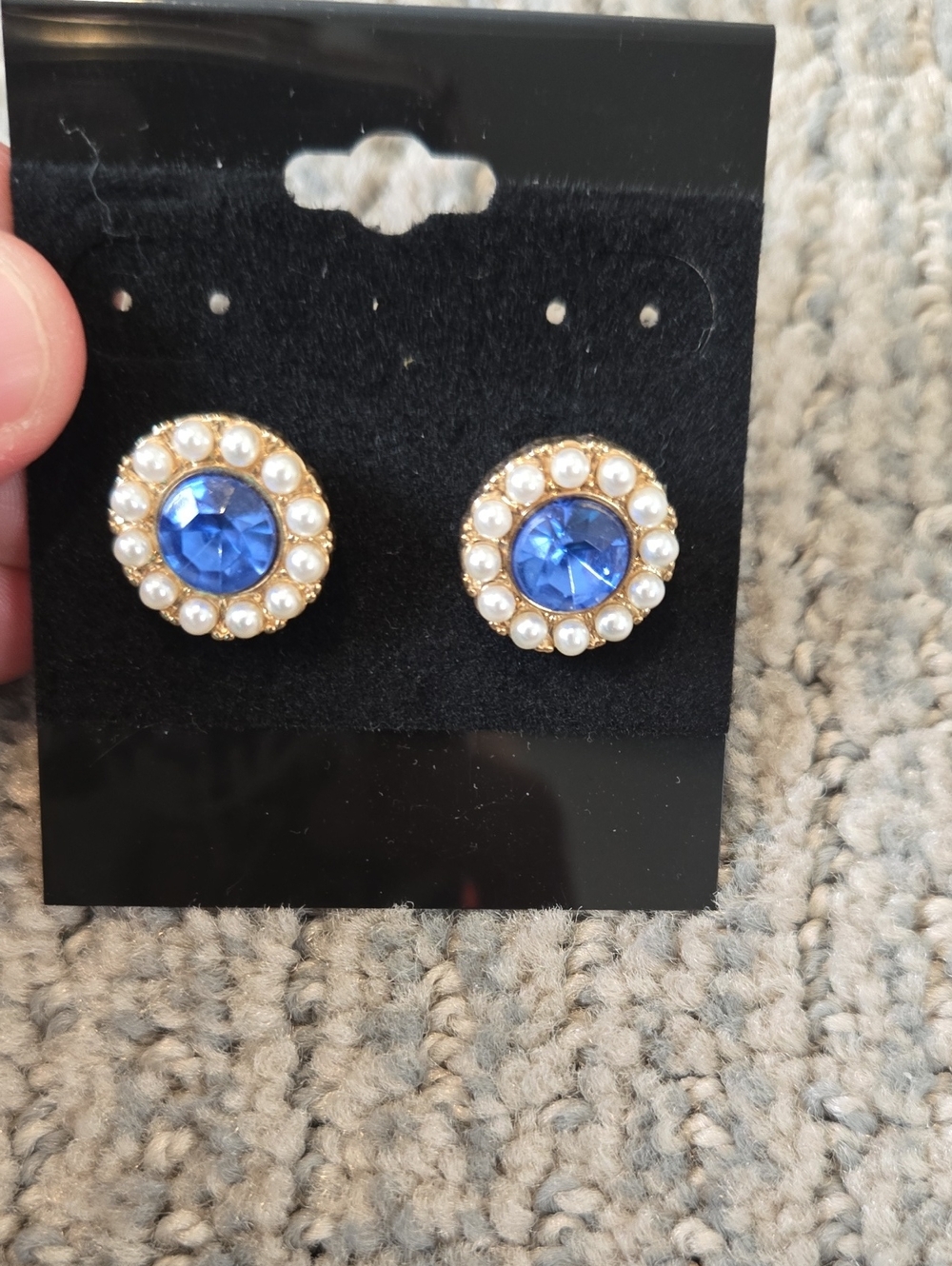 Vintage Gold Pearl-Trim Blue Crystal Stud Earrings - Women Jewelry